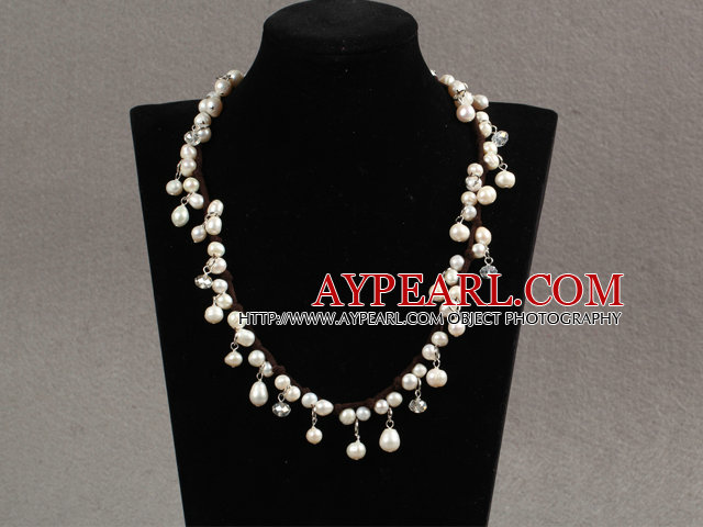 Assorted White Freshwater Pearl and Clear Crystal Necklace with Brown Cord