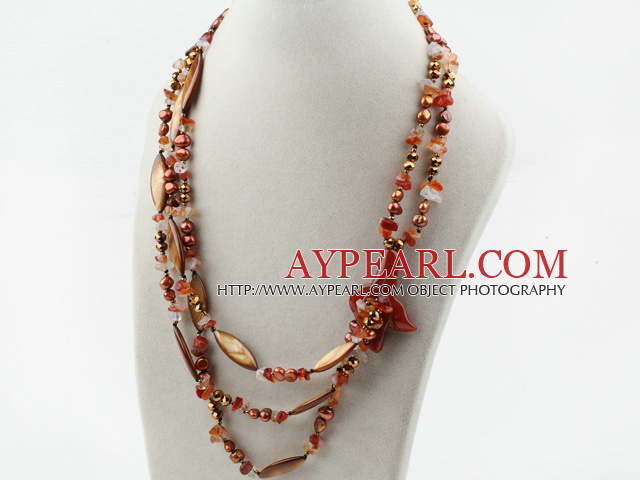 Multi Strands Brown Pearl Crystal and Shell and Agate Flower Necklace