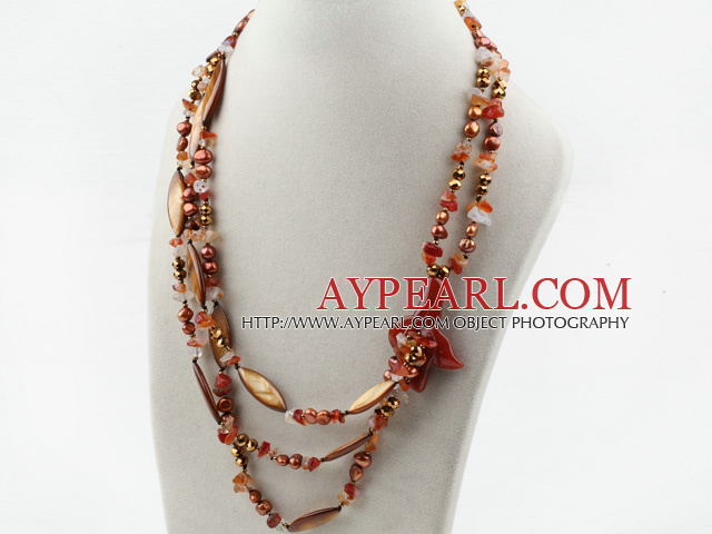 Multi Strands Brown Pearl Crystal og Shell og Agate Flower halskjede