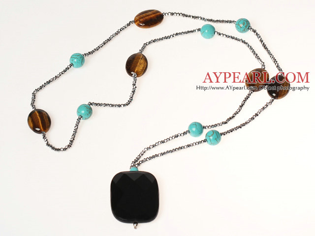 Mote Stil Turkis og Tiger Eye Halskjede med svart krystall anheng 