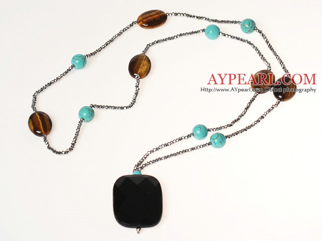 Fashion Style Turquoise et Tiger Eye Collier avec pendentif en cristal noir 