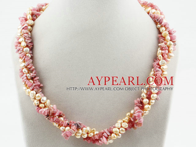 Seria de apă dulce roz Pearl şi colier Twisted Rhodonite