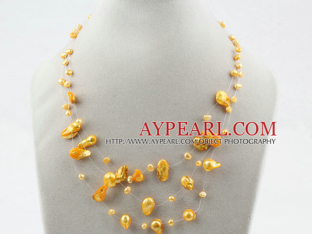 Three Strands Fantasy Style Yellow Color Teeth Shape Pearl Necklace