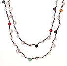 Long Style Assorted White Freshwater Pearl and Multi Color Stone Necklace