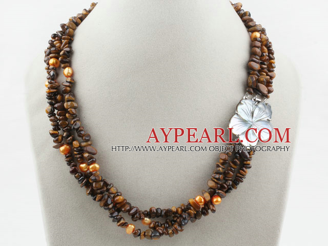 Three Strands Fillet Tiger Eye Chips Necklace with Shell Flower Clasp