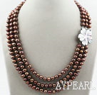 Three Strands Coffee Brown Color Round Freshwater Pearl Necklace with White Shell Flower Clasp