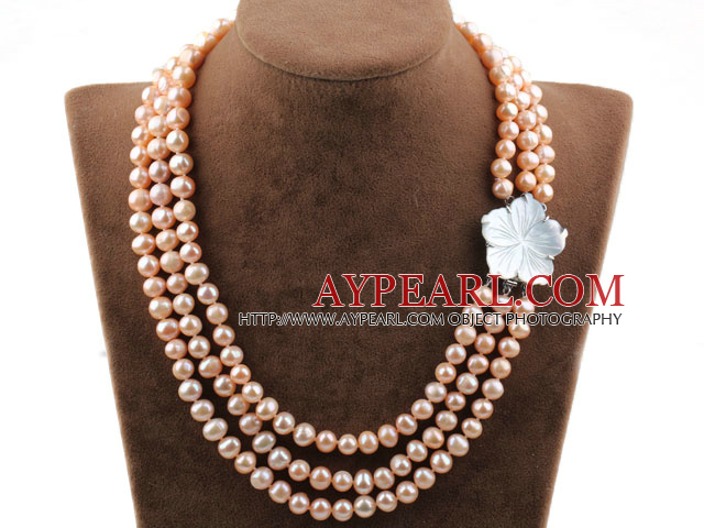 Three Strands Natural Pink Round Freshwater Pearl Necklace with White Shell Flower Clasp