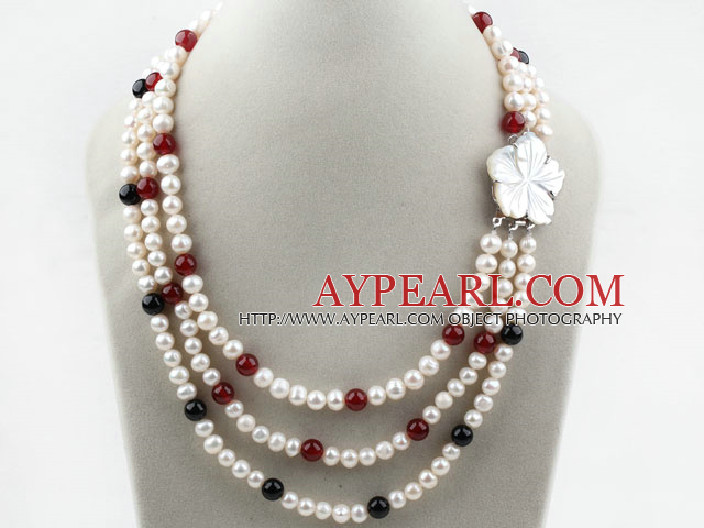 Three Strands White Freshwater Pearl and Black Agate and Carnelian Necklace with White Shell Flower Clasp
