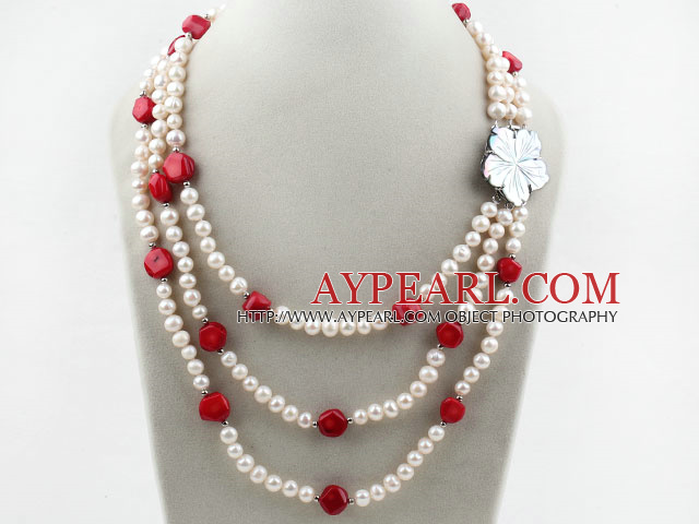 Three Strands White Freshwater Pearl and Red Coral Necklace with White Shell Flower Clasp