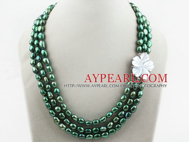 Three Strands Peacock Green Color Baroque Pearl Necklace with White Shell Flower Clasp