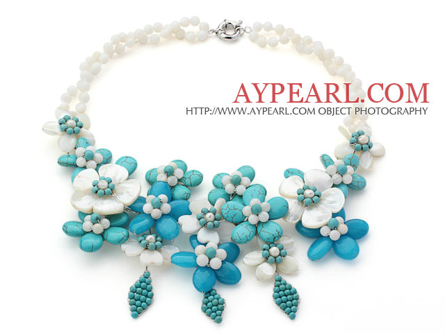 2013 Summer New Design White and Green Series White Shell and Turquoise Flower Necklace