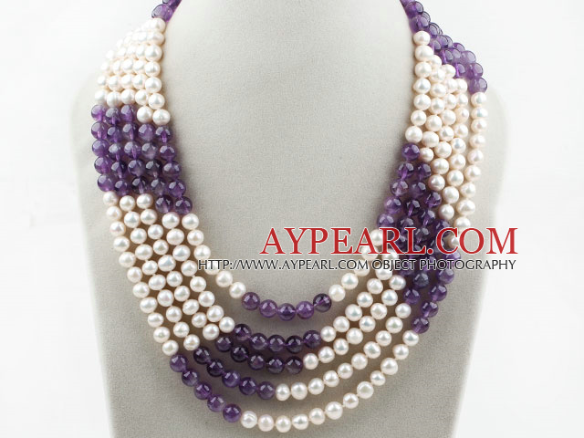 Five Strands 7-8mm Round White Freshwater Pearl and Amethyst Necklace