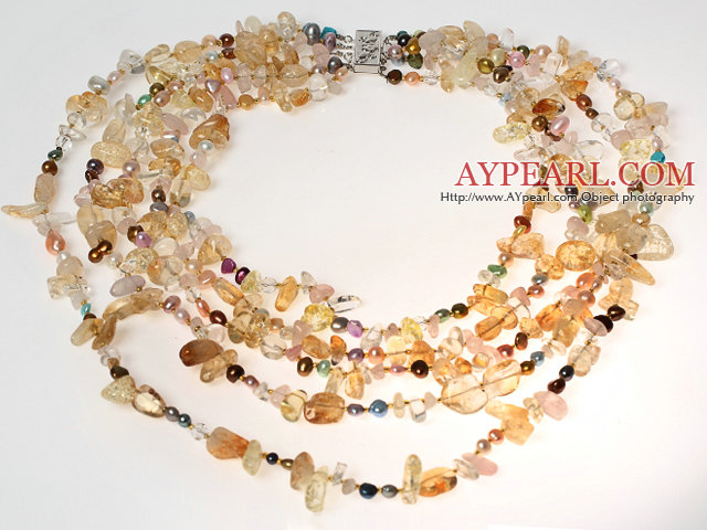 Multi Strands Clear Crystal and Citrine and Pearl Necklace