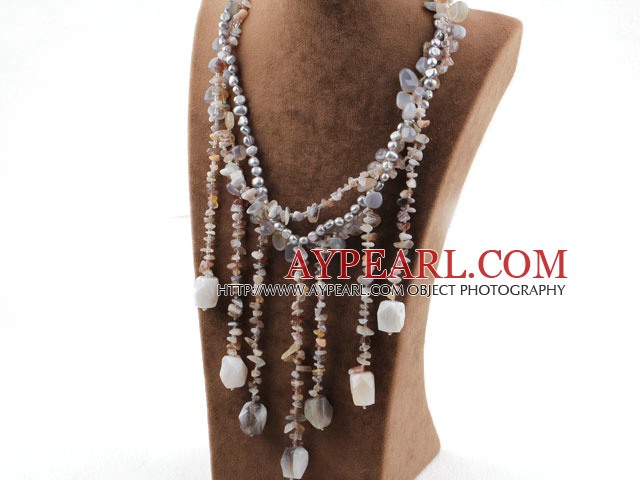 Gray Serie tre strenger Gray Freshwater Pearl og persisk Gray Agate halskjede