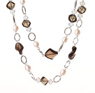 Wholesale Beautiful Long Style Rhombus Shape Natural Smoky Quartz and White Pearl Beads Necklace