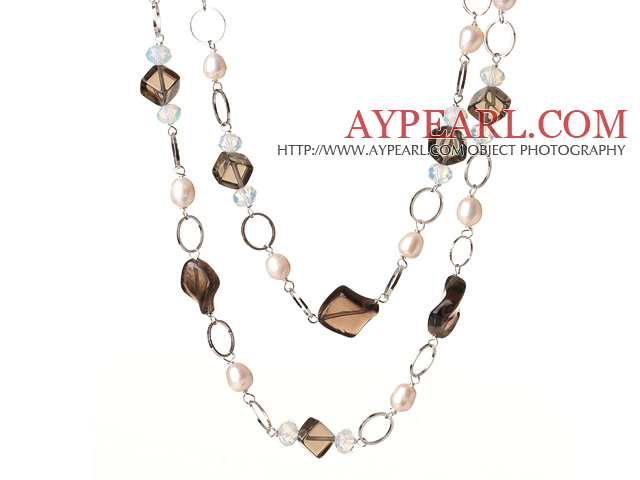 Beautiful Long Style Rhombus Shape Natural Smoky Quartz and White Pearl Beads Necklace