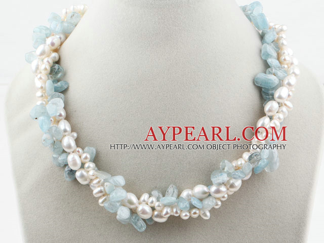 Multi Strands White Freshwater Pearl and Aquamarine Chips Twisted Necklace