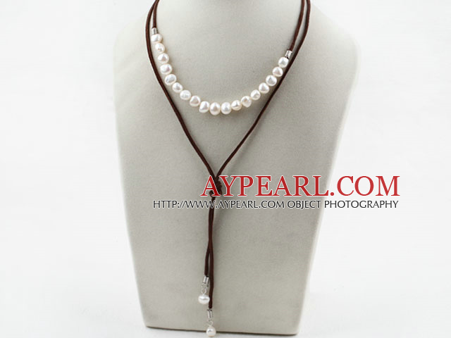 Enkel stil vita sötvatten Pearl Halsband med Brown tråd