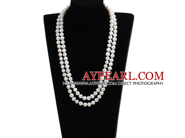 Elegant Mother Gift Long Style Double Strand 9-10mm Natural Near Round White Freshwater Pearl Necklace (Sweater Chain)