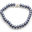 Fashion Single Strand 12Mm Dark Grey Round Seashell Beads Necklace With Rhinestone Magnetic Clasp