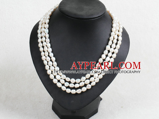 Fashion Party Style 3 Strand Natural 8-9mm White Baroque Pearl Necklace With Shell Flower Clasp