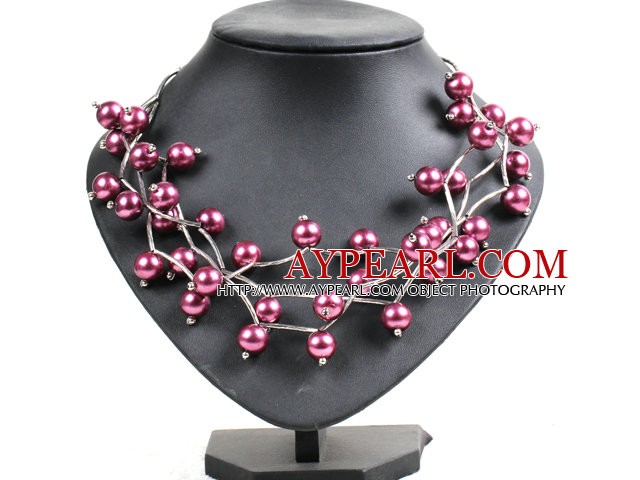 Trendy Style-multi Strang Lila, Rot, Seashell Perlen Twisted-Halskette mit Biegen Legierter Rohr