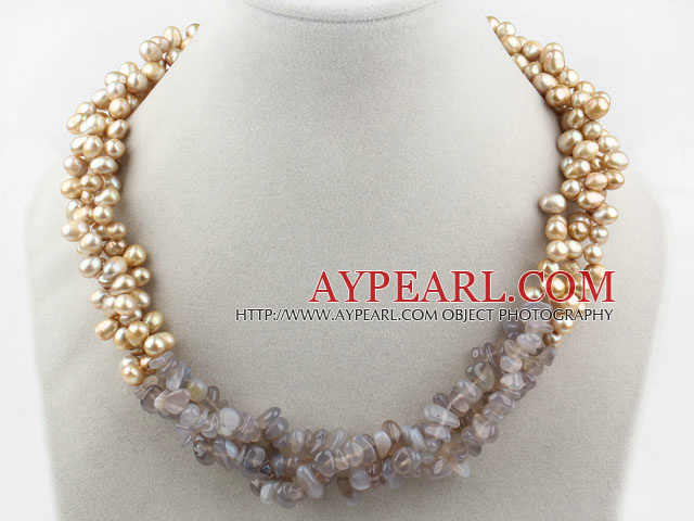 Assortiment d'eau douce Yellow Pearl et Gray Agate Collier