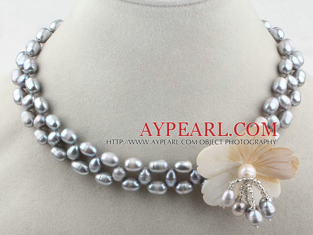 Gray Freshwater Pearl and White Shell Flower Necklace
