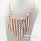 New Design Pink Pearla and Clear Crystal Tassel Necklace