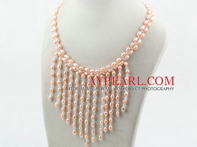 New Design Pink Pearla and Clear Crystal Tassel Necklace