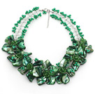 Peacock Green Acrylic Beads and Clear Crystal and Green Shell Flower Wired Necklace