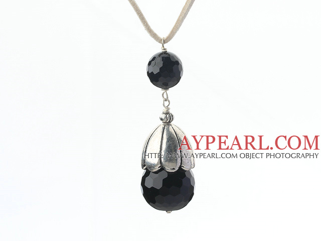 Simple Style Faceted Black Agate Pendant Necklace