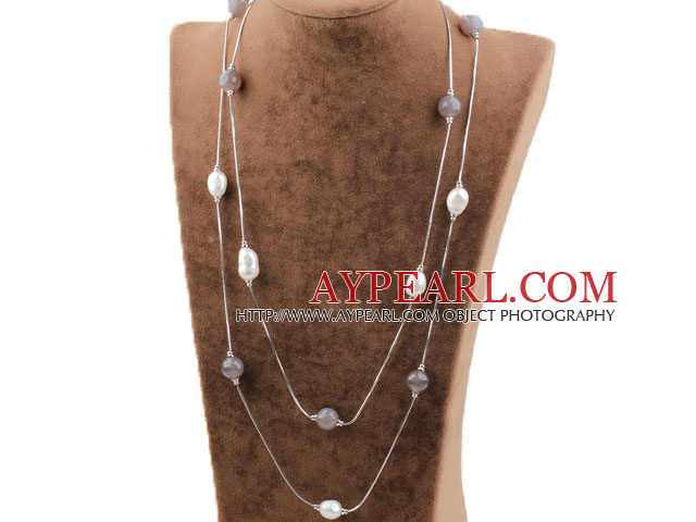 Agate Stil de lungă gri şi alb colier de perle de apă dulce, cu lanţ de metal