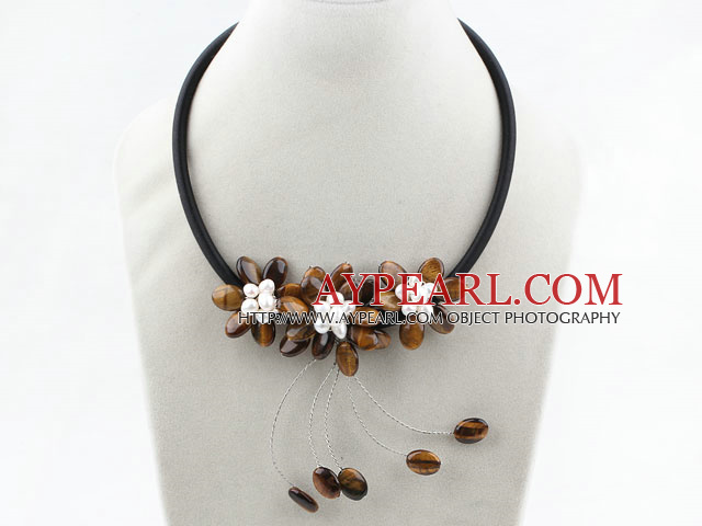 White Freshwater Pearl and Tiger Eye Flower Necklace with Black Cord