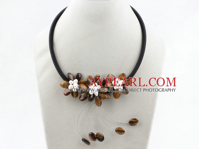 D'eau douce White Pearl Necklace et Tiger Eye Fleur avec cordon noir