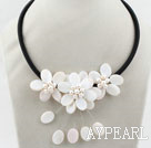 White Freshwater Pearl and White Shell Flower Necklace with Black Cord