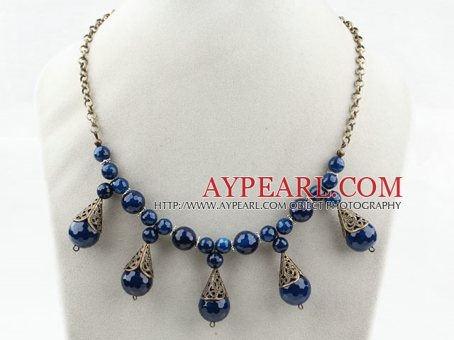 Faceted Blue Agate Necklace with Vintage Style Chain