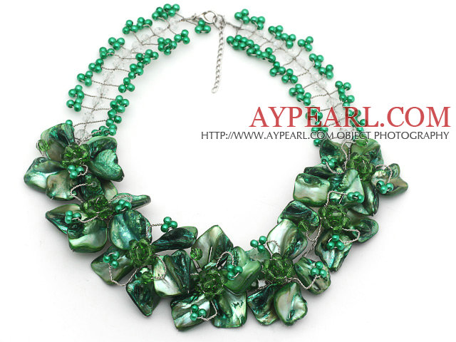 Peacock Green Acrylic Beads and Clear Crystal and Green Shell Flower Wired Necklace