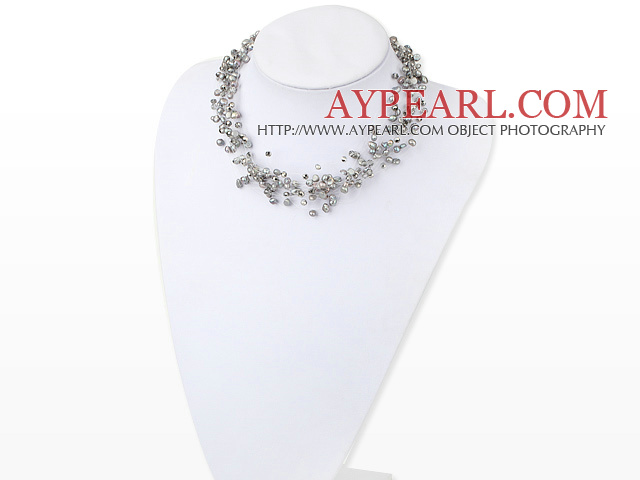 Multi Strands Gray Freshwater Pearl Crystal halskjede
