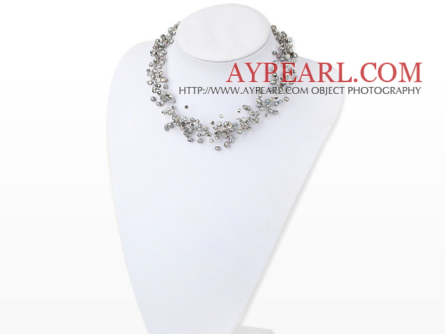 Multi Strands Gray Freshwater Pearl Crystal Necklace