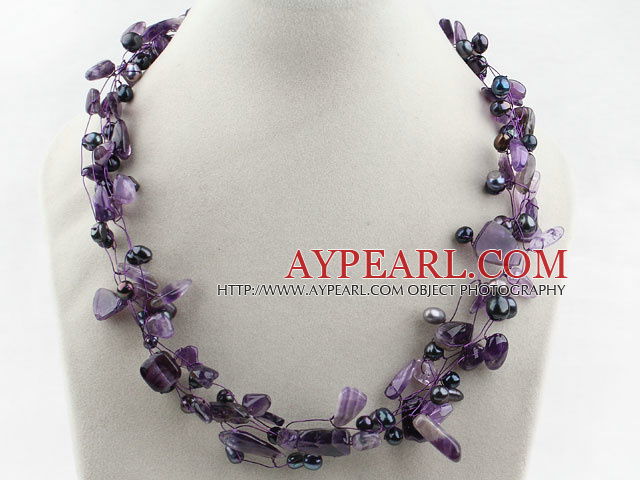 Multi Strands Svart Freshwater Pearl og Amethyst Halskjede