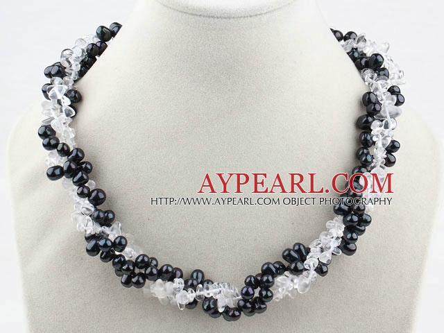 Multi Strands Black Freshwater Pearl and Clear Crystal Necklace