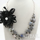 Faceted Flash Stone Necklace with Metal Chain and Black Silk Flower