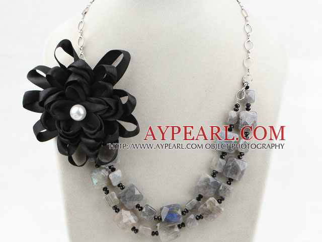 Faceted Flash Stone Necklace with Metal Chain and Black Silk Flower