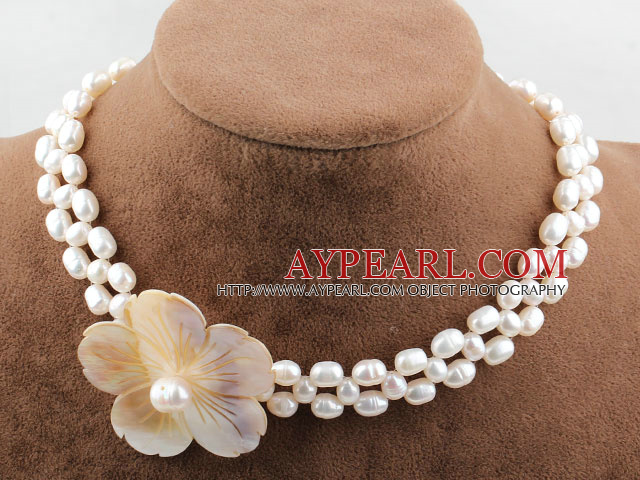 Two Rows White Freshwater Pearl Necklace with White Shell Flower