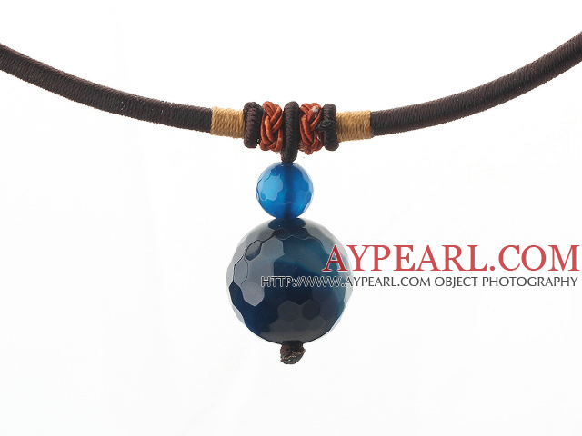 Simple Design Faceted Blue Agate Pendant Necklace with Dark Red Thread
