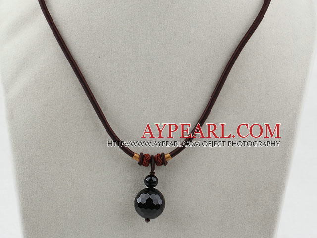 Simple Design Faceted Black Agate Pendant Necklace with Dark Red Thread