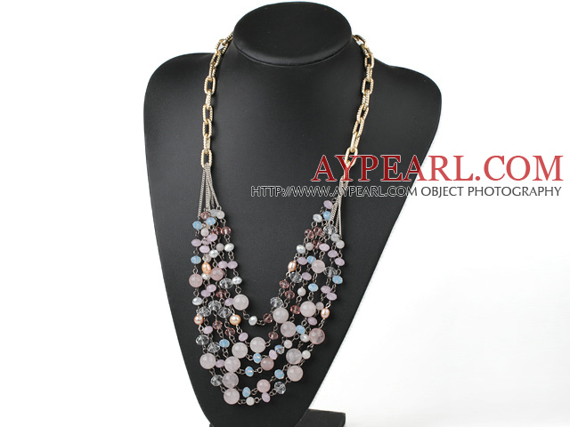 Pink Series Multi Layer Freshwater Pearl and Rose Quartz and Pink Crystal Necklace with Metal Chain