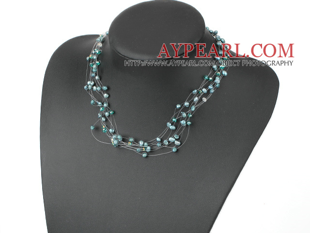 Multi Strands Green Freshwater Pearl and Green Crystal Necklace