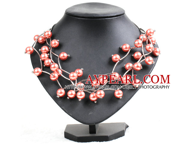 Trendy style multi Strand Orangepink Seashell collier de perles torsadées avec Bending allié Tube
